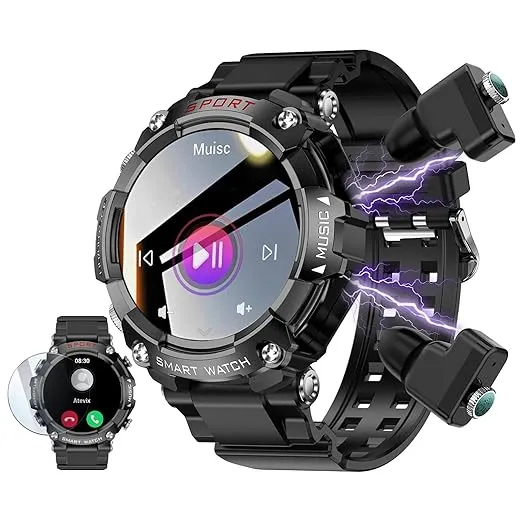 Smart Watch with Earbuds, 1.52" HD Screen Smartwatch for Men, Rugged Military Bluetooth Call Fitness Tracker,3 in 1 Bluetooth Watch with Local Music,Sleep Monitor,Heart Rate